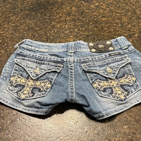 Miss Me Blue Jean Shorts with Rhinestones on Flap Pockets - Picture 2 of 4